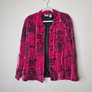 Chicos Sizing 2 Pink Velvet‎ Embroidered Button Down Jacket Rayon Silk Artsy M/L